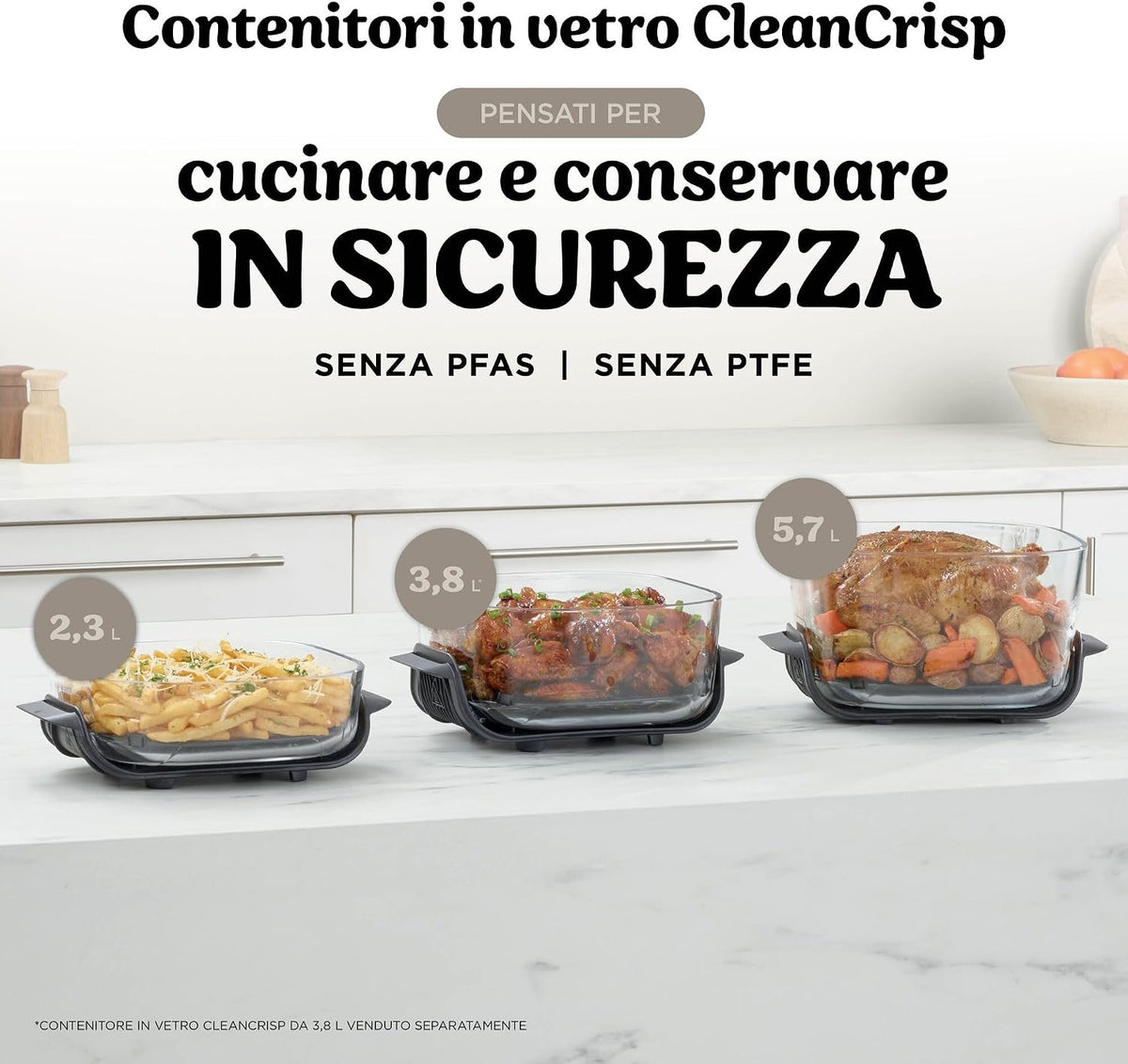Ninja CRISPi PRO XL szklana frytkownica powietrzna, 5 wstępnie ustawionych programów gotowania, zawiera szklane pojemniki CleanCrisp o pojemności 5,7 l i 2,3 l i pokrywki, biały AS090EUWH