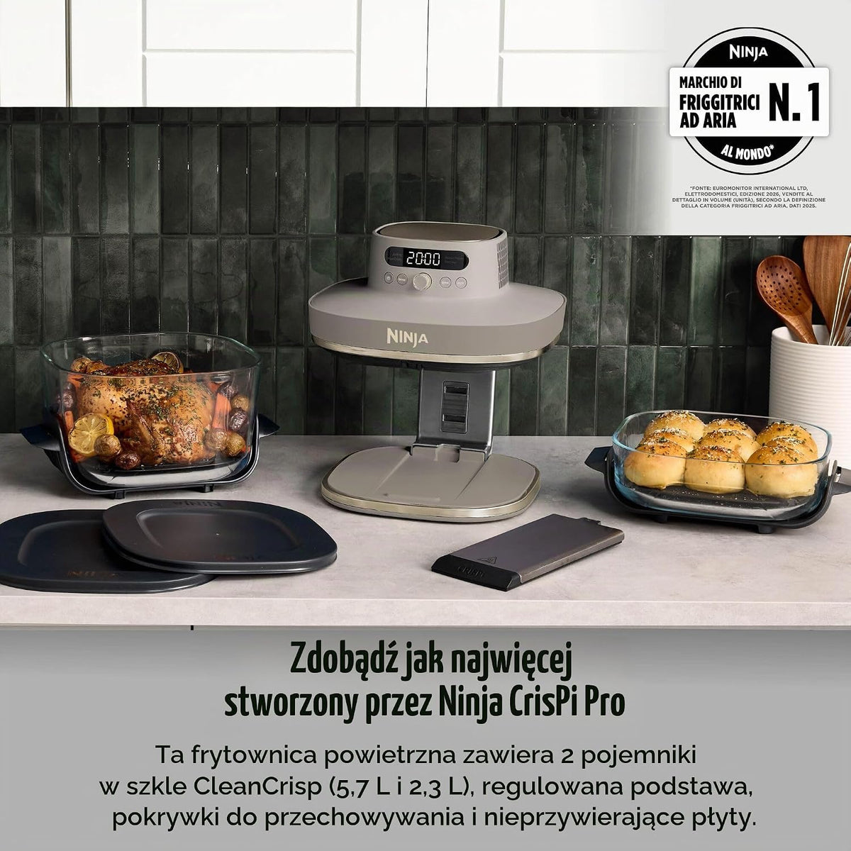 Ninja CRISPi PRO XL szklana frytkownica powietrzna, 5 wstępnie ustawionych programów gotowania, zawiera szklane pojemniki CleanCrisp o pojemności 5,7 l i 2,3 l i pokrywki, biały AS090EUWH