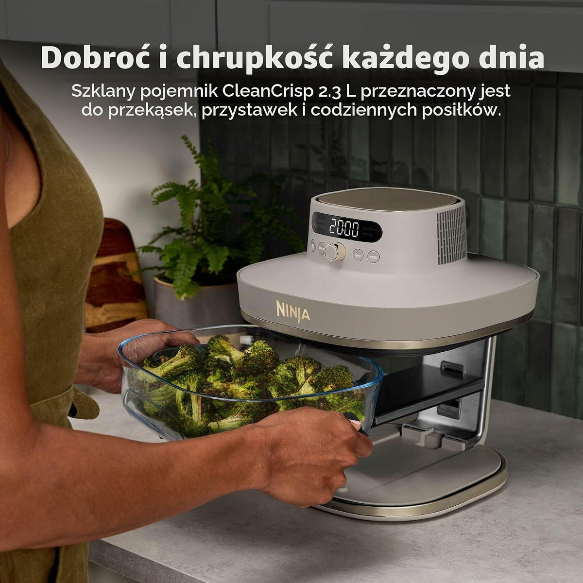 Ninja CRISPi PRO XL szklana frytkownica powietrzna, 5 wstępnie ustawionych programów gotowania, zawiera szklane pojemniki CleanCrisp o pojemności 5,7 l i 2,3 l i pokrywki, biały AS090EUWH